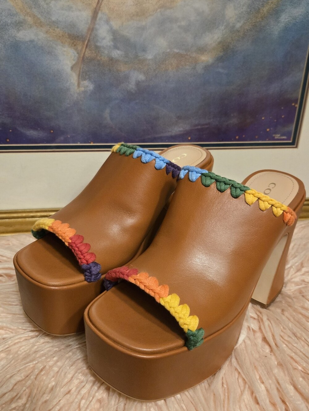 Coach Rainbow Crochet Leather Platform Mule Sandals Size 9 Worn Once w/ Box - Picture 2 of 8